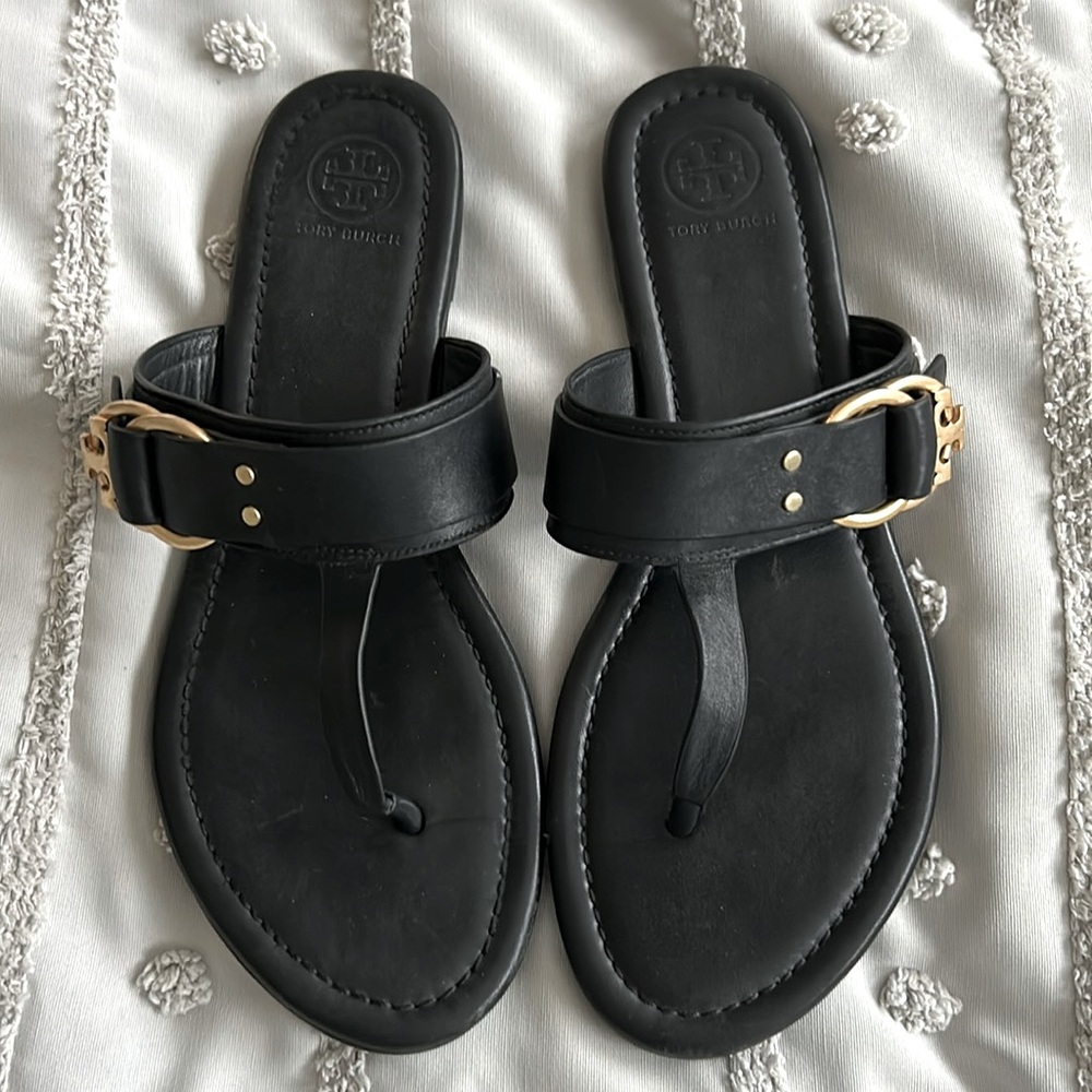 Tory Burch Black Leather Sandal Gold Logo